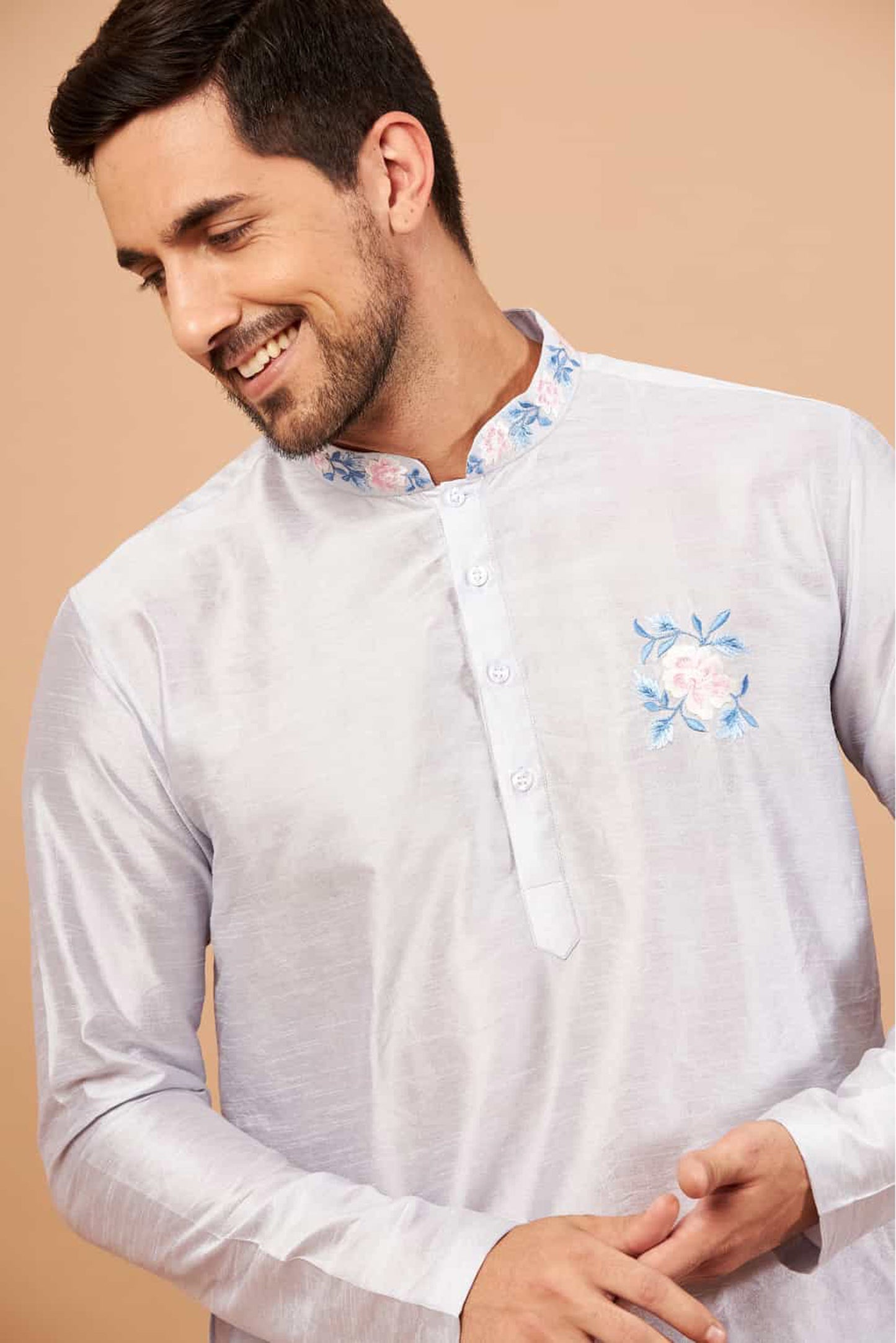 Cadet Grey Semi Raw Silk Thread Embroidered ( only Kurta )