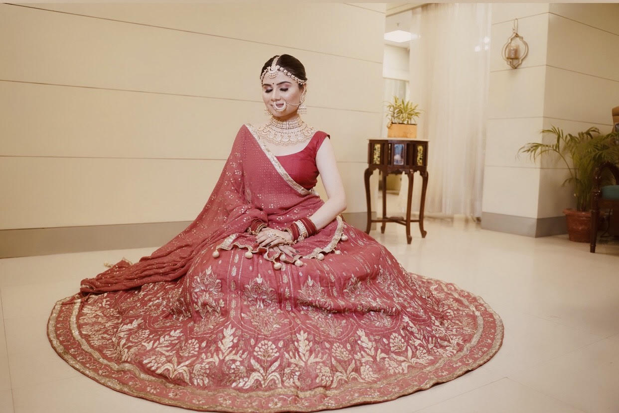 Rose Red Raw Silk Gota paaro lehenga set