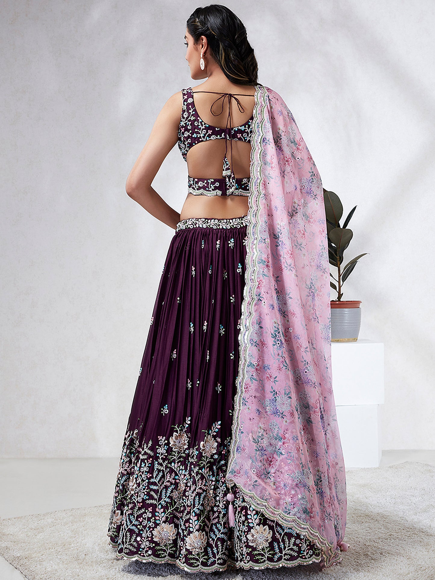 Burgundy Georgette Sequins, Mirror and thread embroidery Lehenga