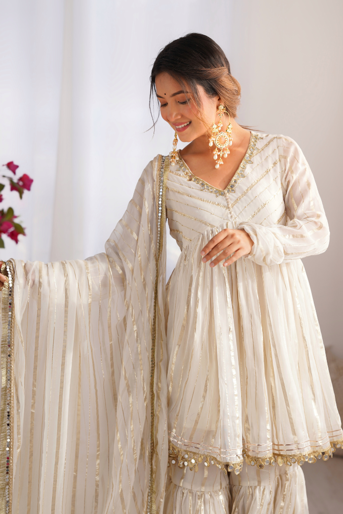 Sajna White Georgette Zari Weaving Festive Sharara Set