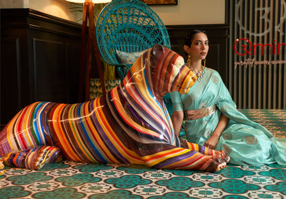 Turquoise Kushaq Silk Nylon Pure Satin Saree