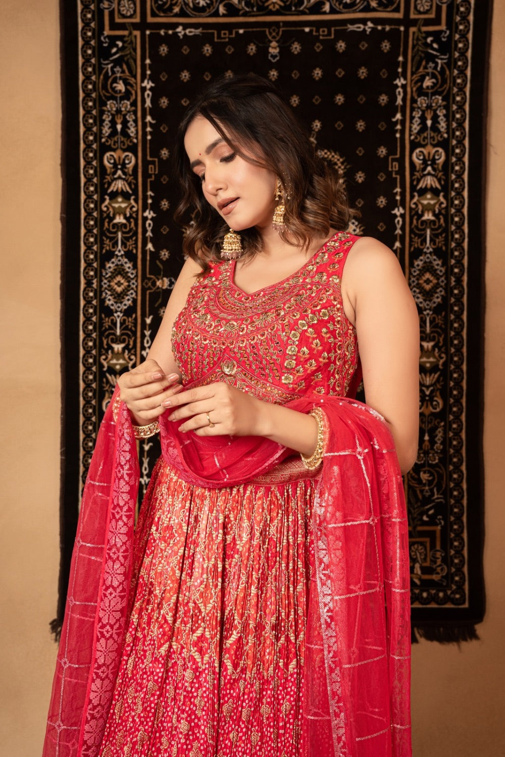 Magenta pink crepe silk lehenga choli with zardozi and mirror work