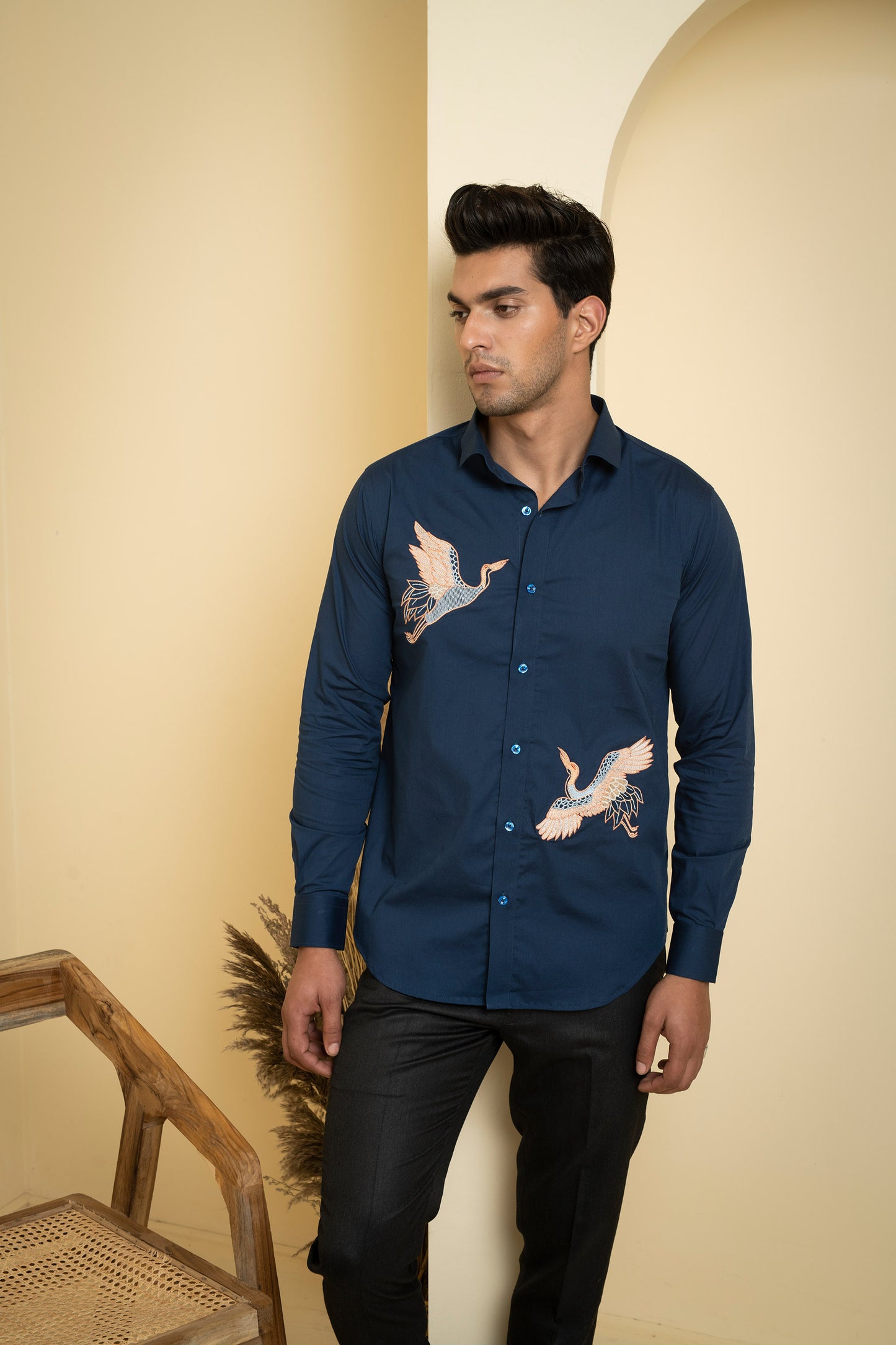Navy Blue Poplin Lycra Cran Embroidered Festive Shirt