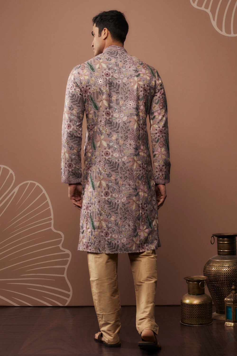 Purple silk kurta & pajama with floral hand and machine work