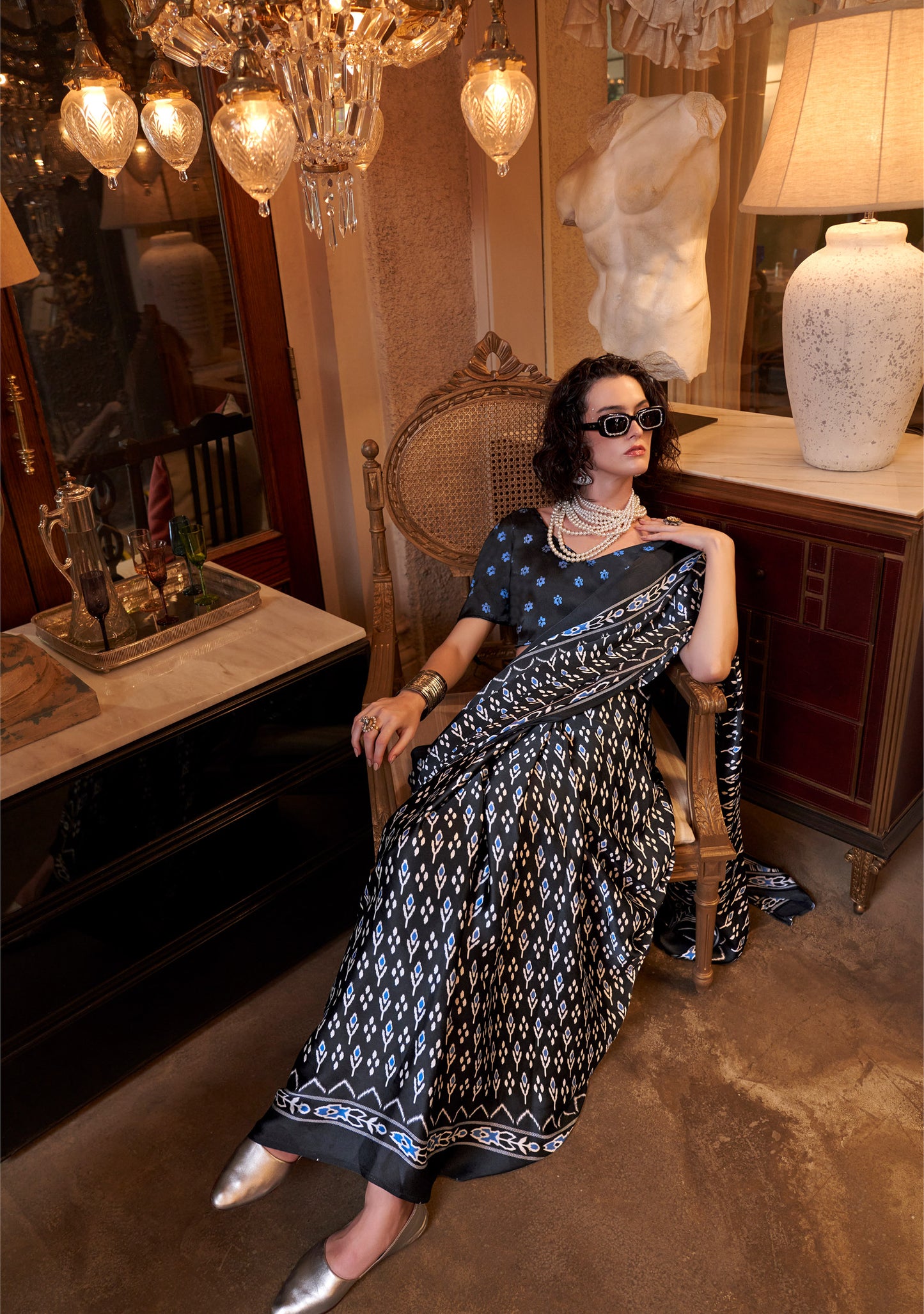 Black and Blue Konzai Satin Crape Saree With Digital Patola Prints