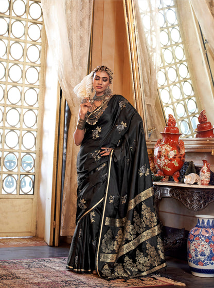 Black Kanthkala Satin Silk Handloom Saree