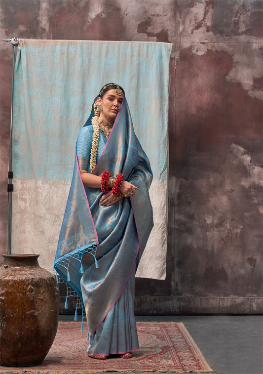 Sky Blue Kaala Savoy Handloom Silk Saree