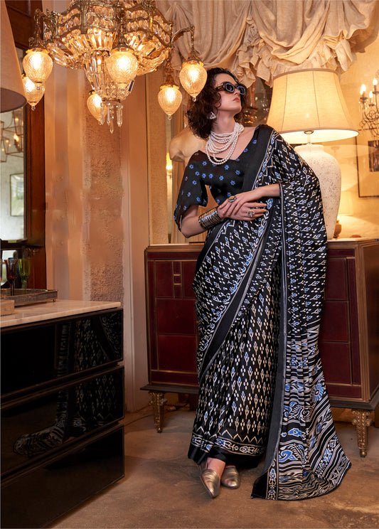Black and Blue Konzai Satin Crape Saree With Digital Patola Prints