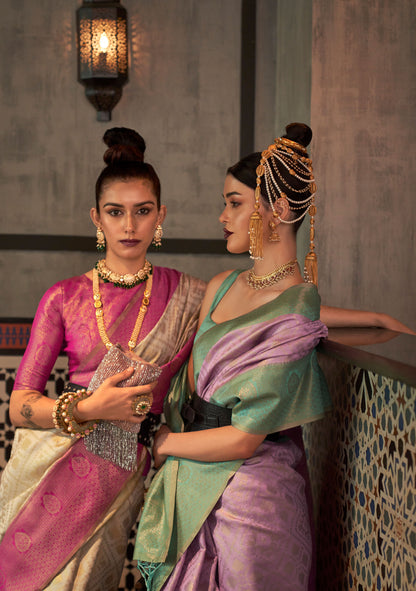 Beige Kaizaa Silk Zari Base Chaap Handloom Saree