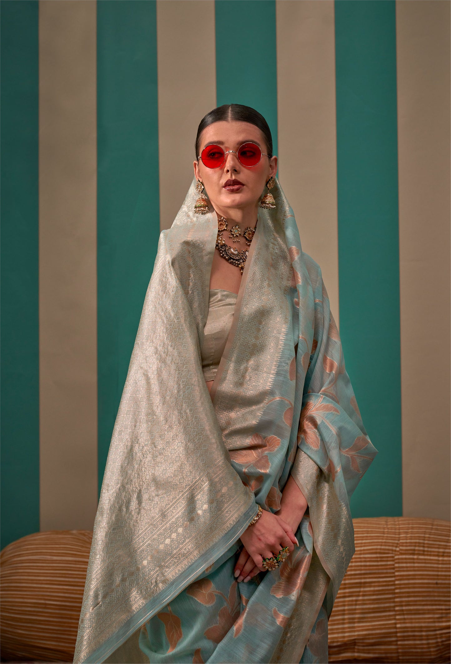 Blue Kapri Linen Handloom Silk Saree