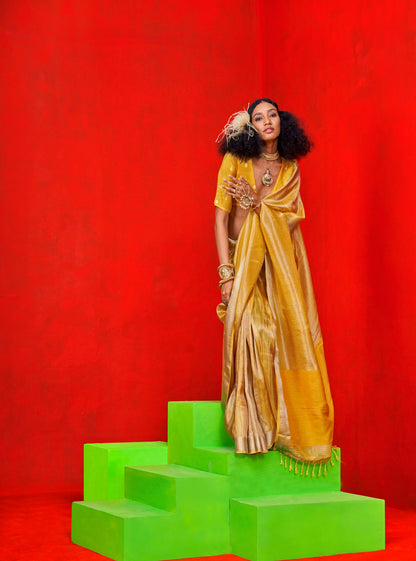 Yellow Kontigo Pure Viscose Zari Tissue Saree