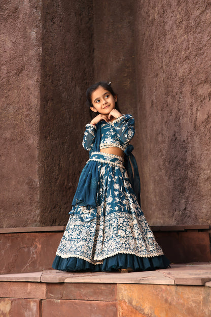 Teal Blue Parsi work Lehenga Choli