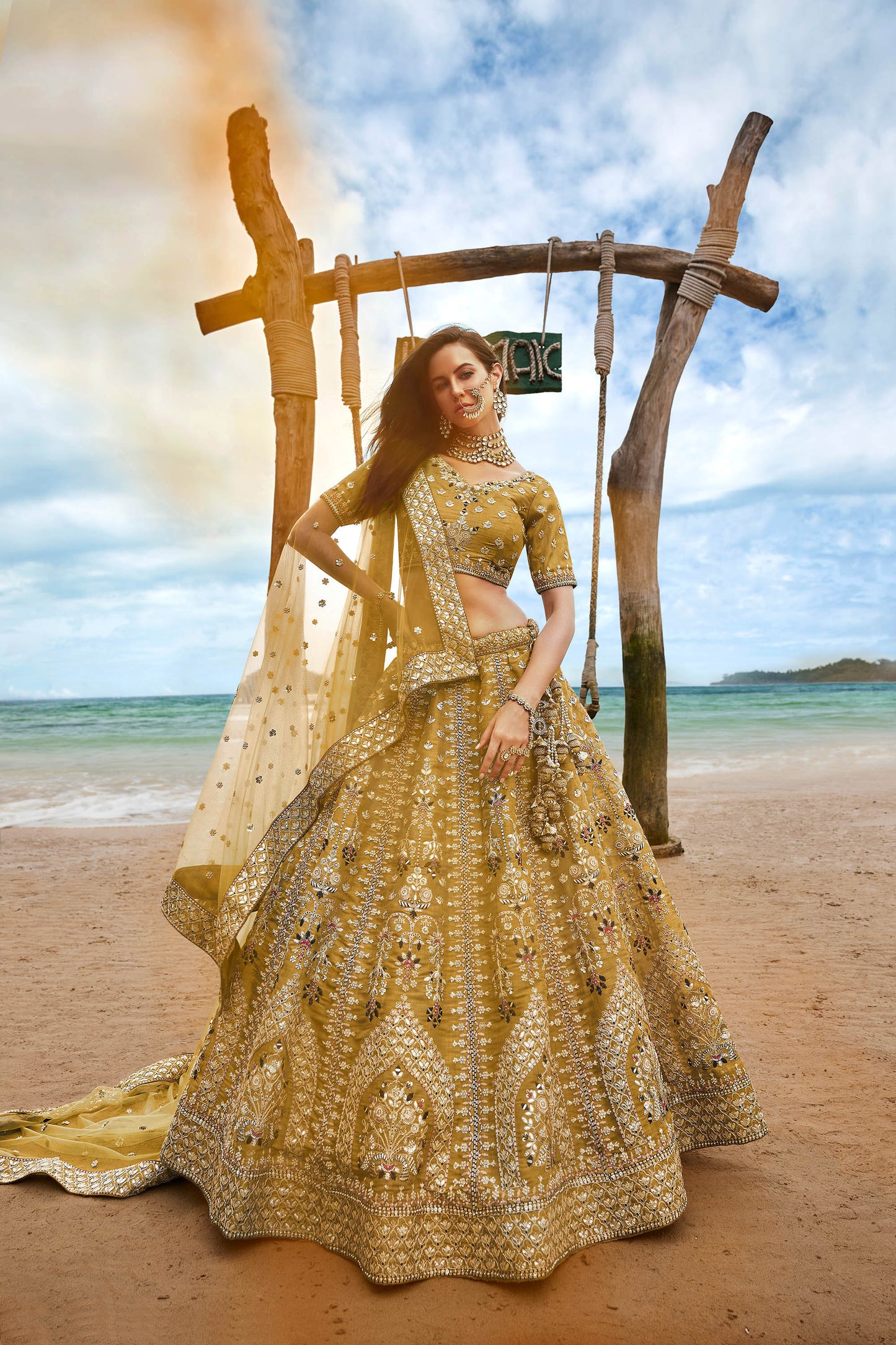 Mustard Bridal Net Sequins, Moti, Mirror and thread embroidery Lehenga