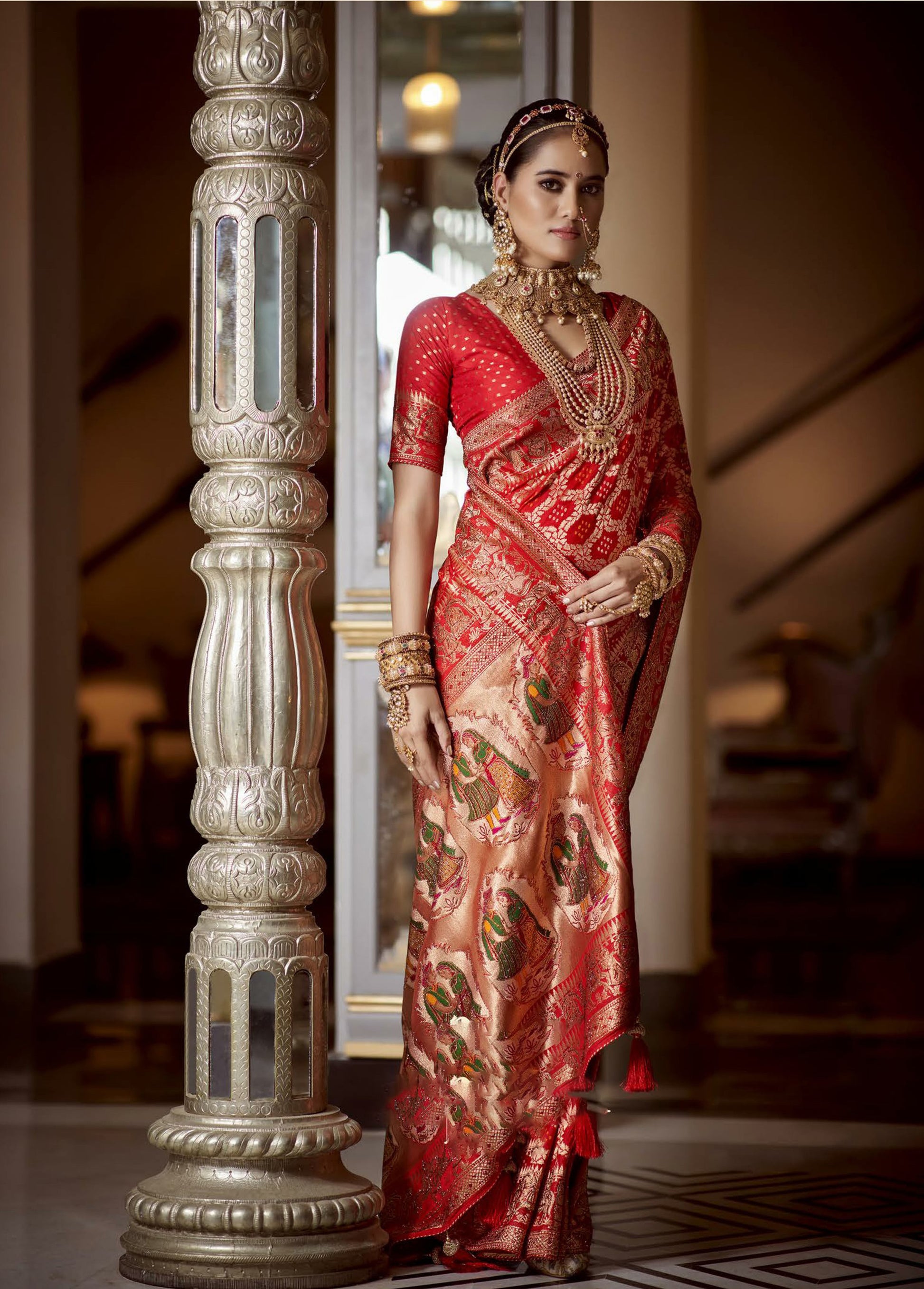 Dark Red Heavy Gold Weaving Silk Bridal Saree