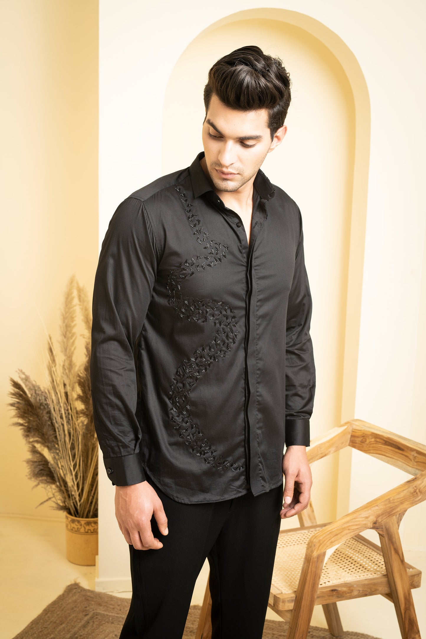 Black Cotton satin Awel Party Wear Shirt
