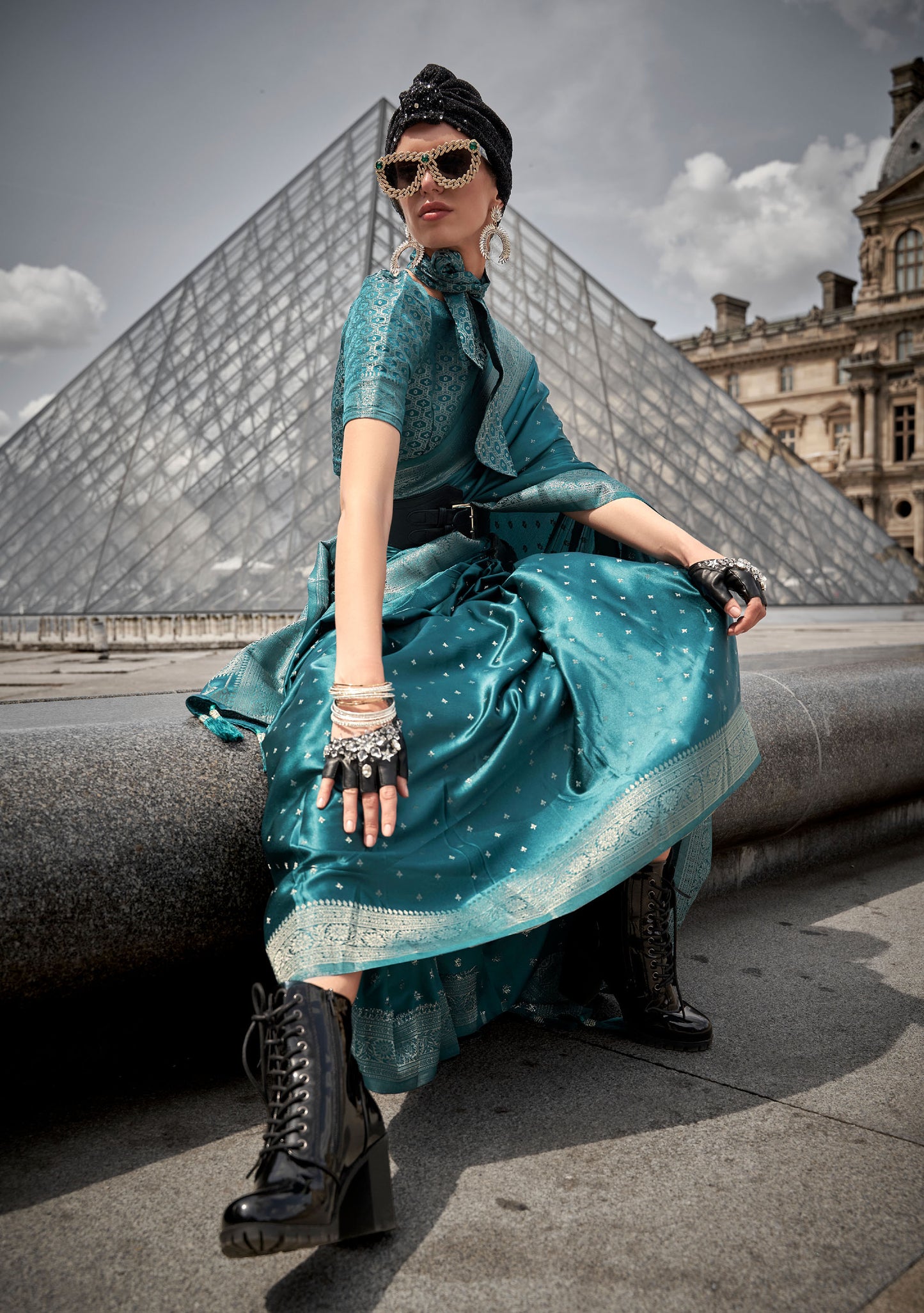 Teal Green Kamzah Silk Pure Satin Nylon Handloom saree