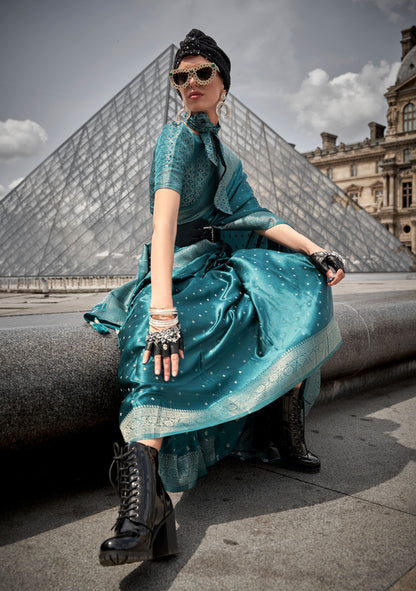 Teal Green Kamzah Silk Pure Satin Nylon Handloom saree