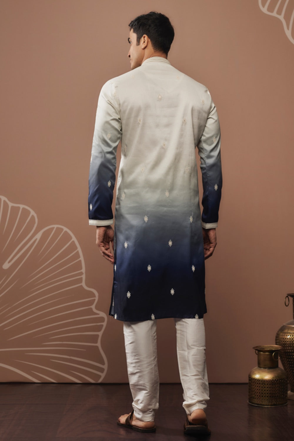 Navy blue shaded silk kurta and pajama with hand and machine work
