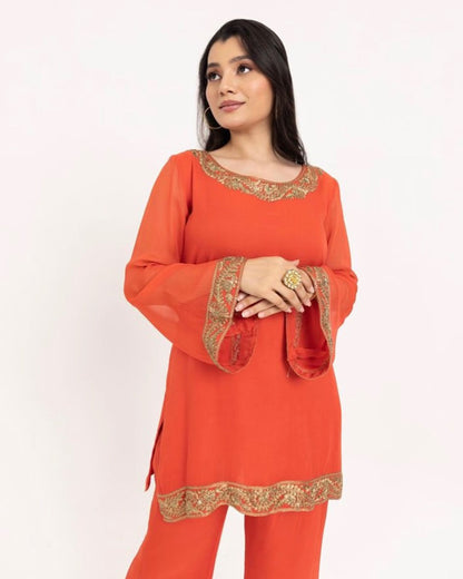 Rust Orange Georgette Zari Embroidered Festive coord set