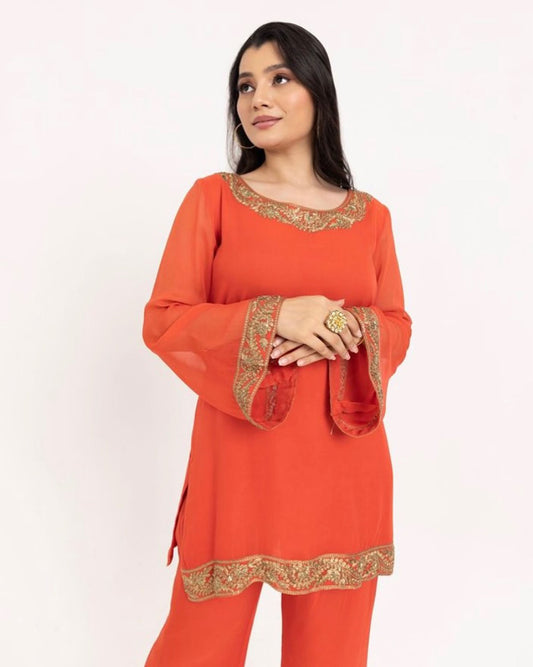 Rust Orange Georgette Zari Embroidered Festive coord set