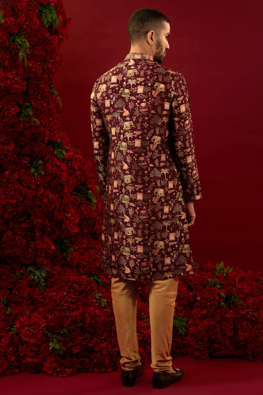 Maroon silk kurta & pajama with machine work