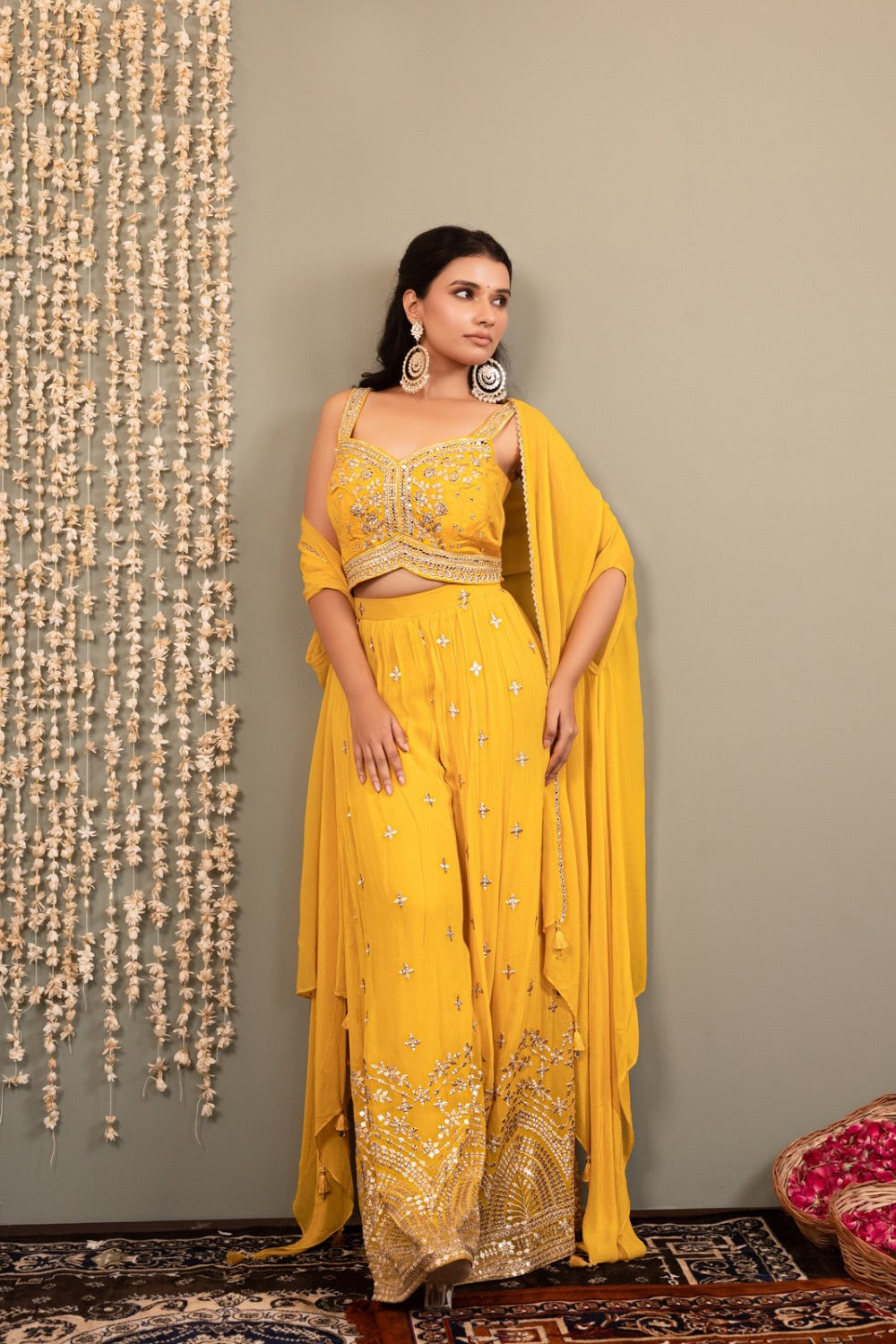 Yellow Indo western with machine and mirror work