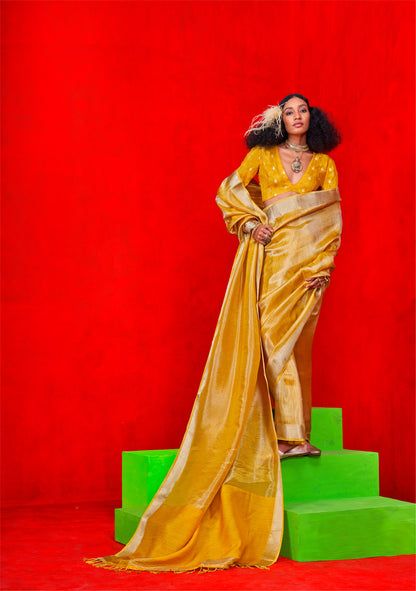Yellow Kontigo Pure Viscose Zari Tissue Saree