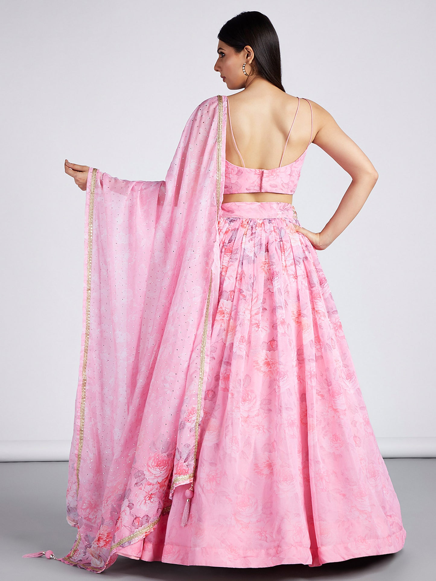 Coral colour Organza Floral design digital print Lehenga