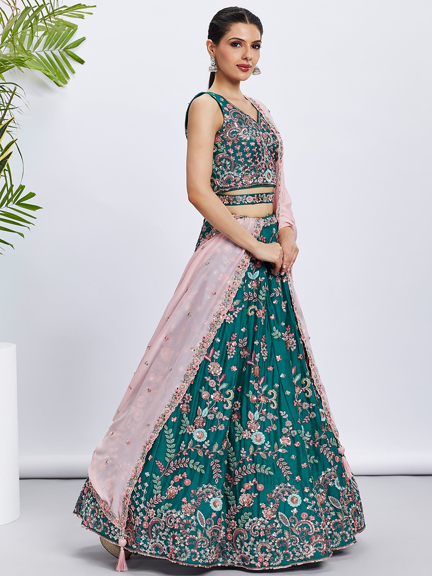 Green Pure Georgette Sequins and thread embroidery Lehenga choli