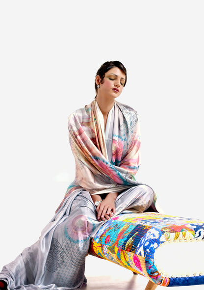 Grey Kazo Digital Soft Crepe Printed Saree