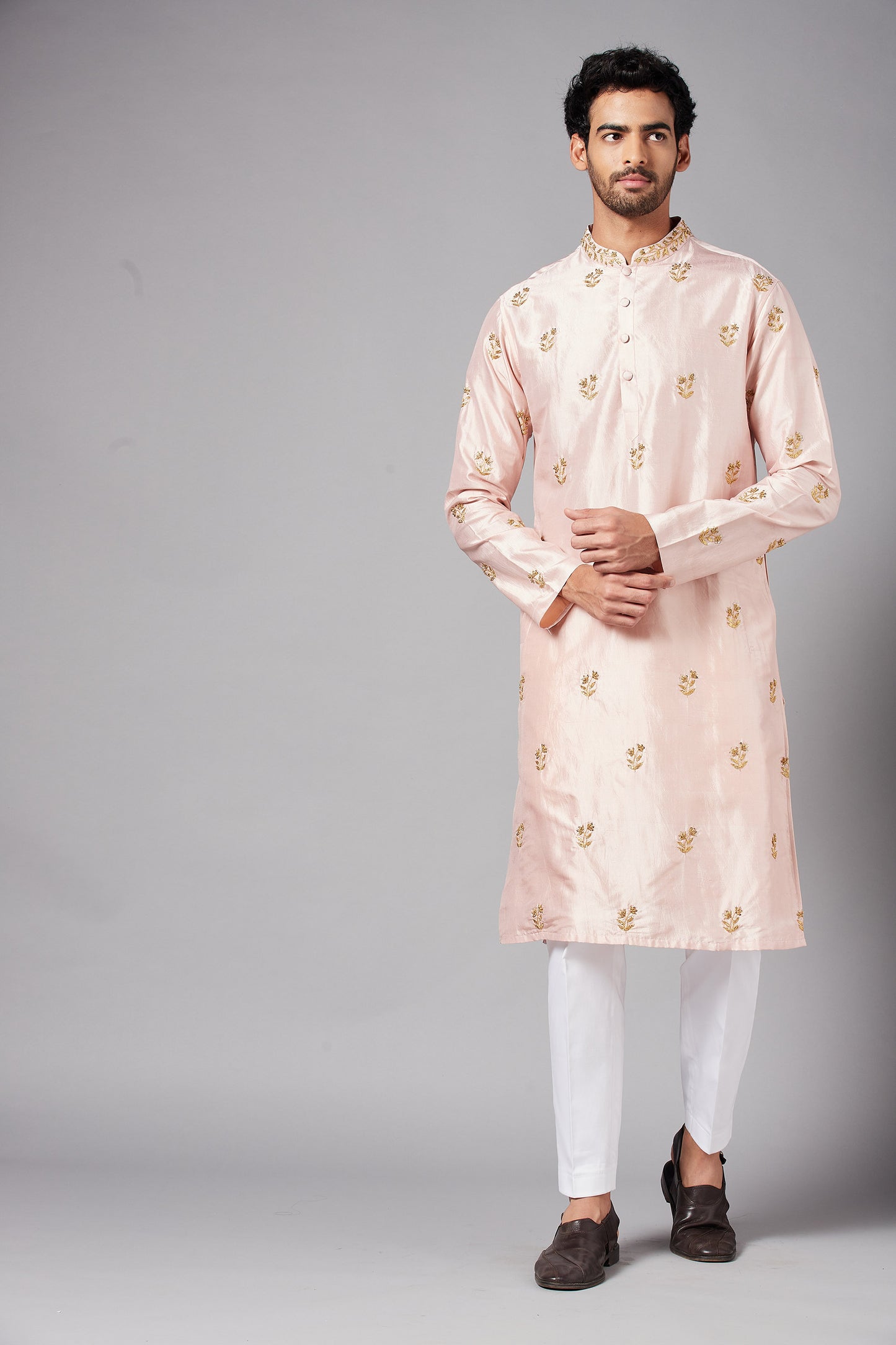Peach Dupion Silk Hand Embroidered Casual ( only Kurta )