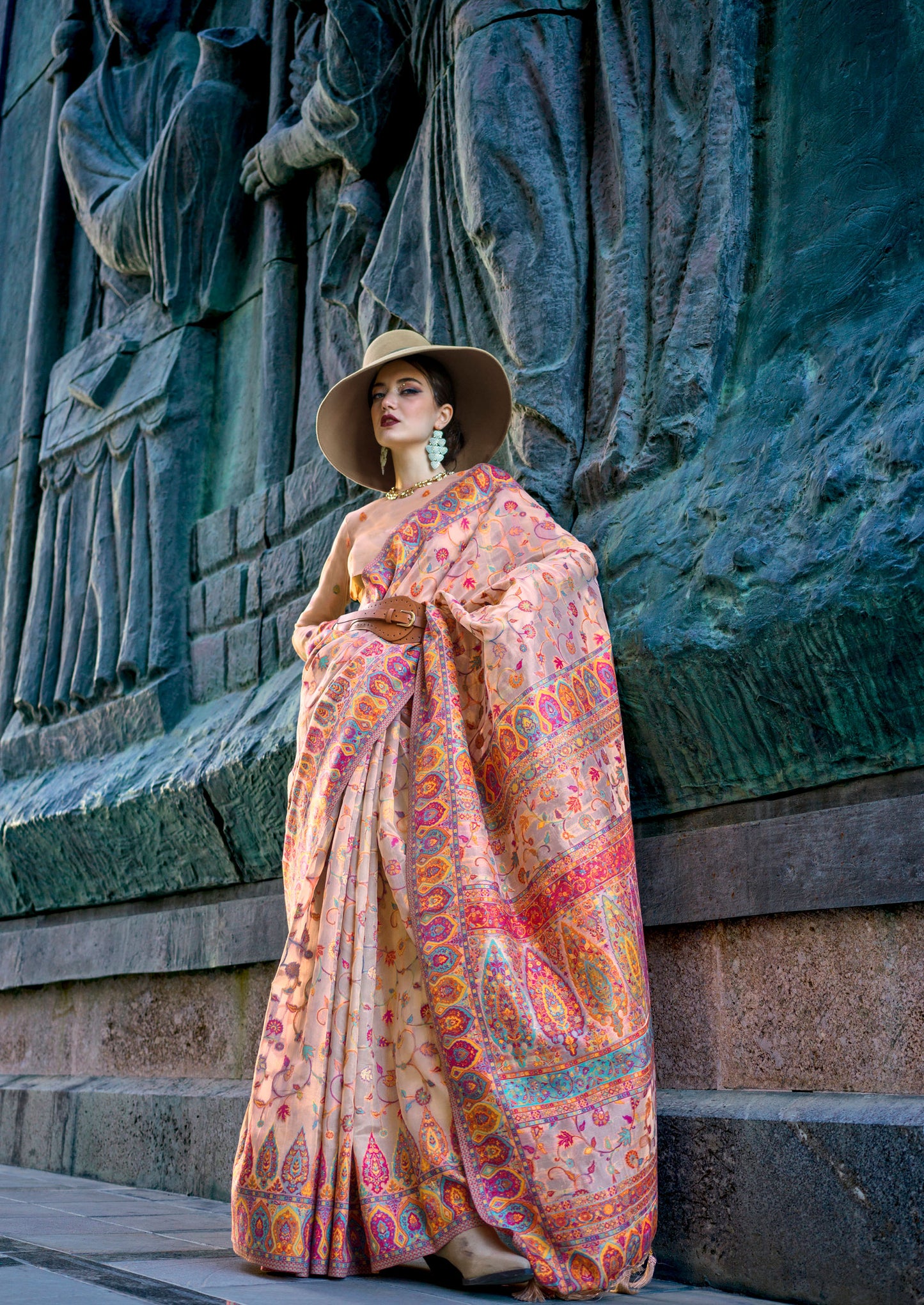 Cream Kashneer Organza Kashmiri Handloom Silk Saree