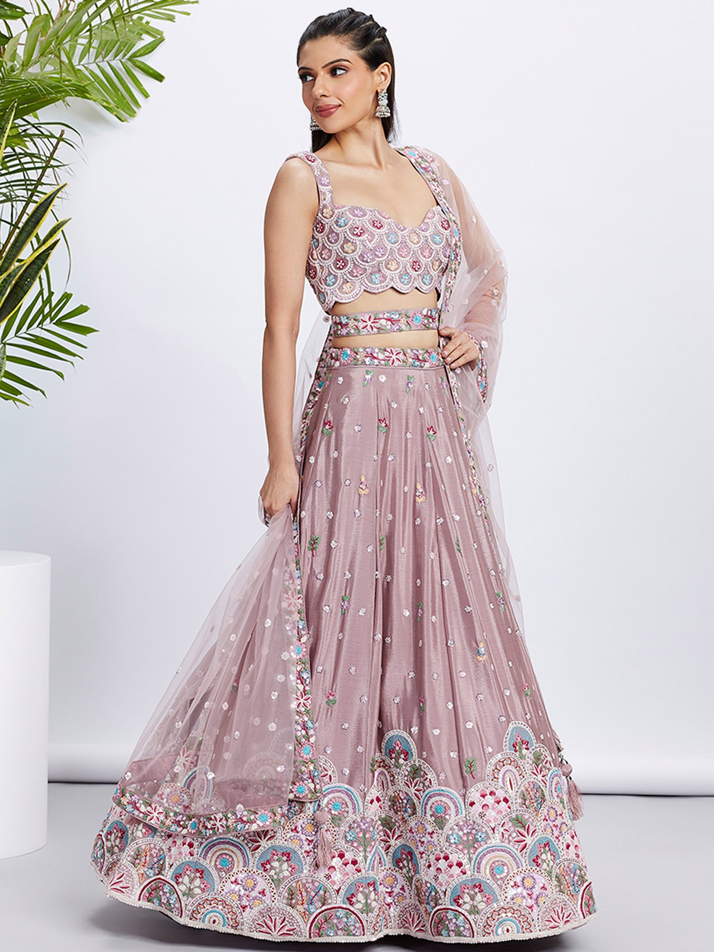 Rose gold Pure Chiffon Sequins and thread embroidery Lehenga