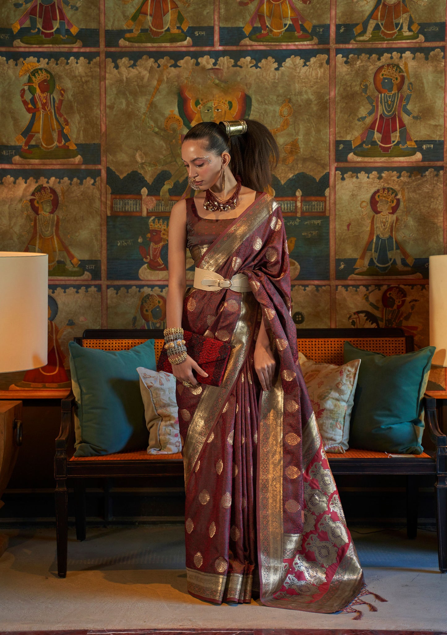 Brown Kona Pure Satin Tanchoi Handloom Silk Saree