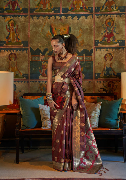 Brown Kona Pure Satin Tanchoi Handloom Silk Saree