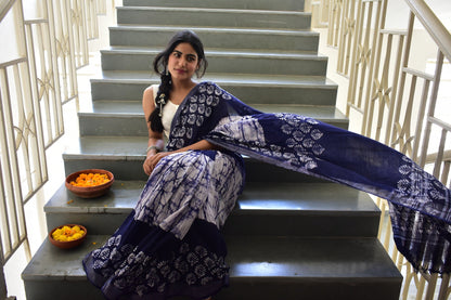 Indigofera Elegance - Blue Handblock Print Natural Dyed - Linen Cotton Saree