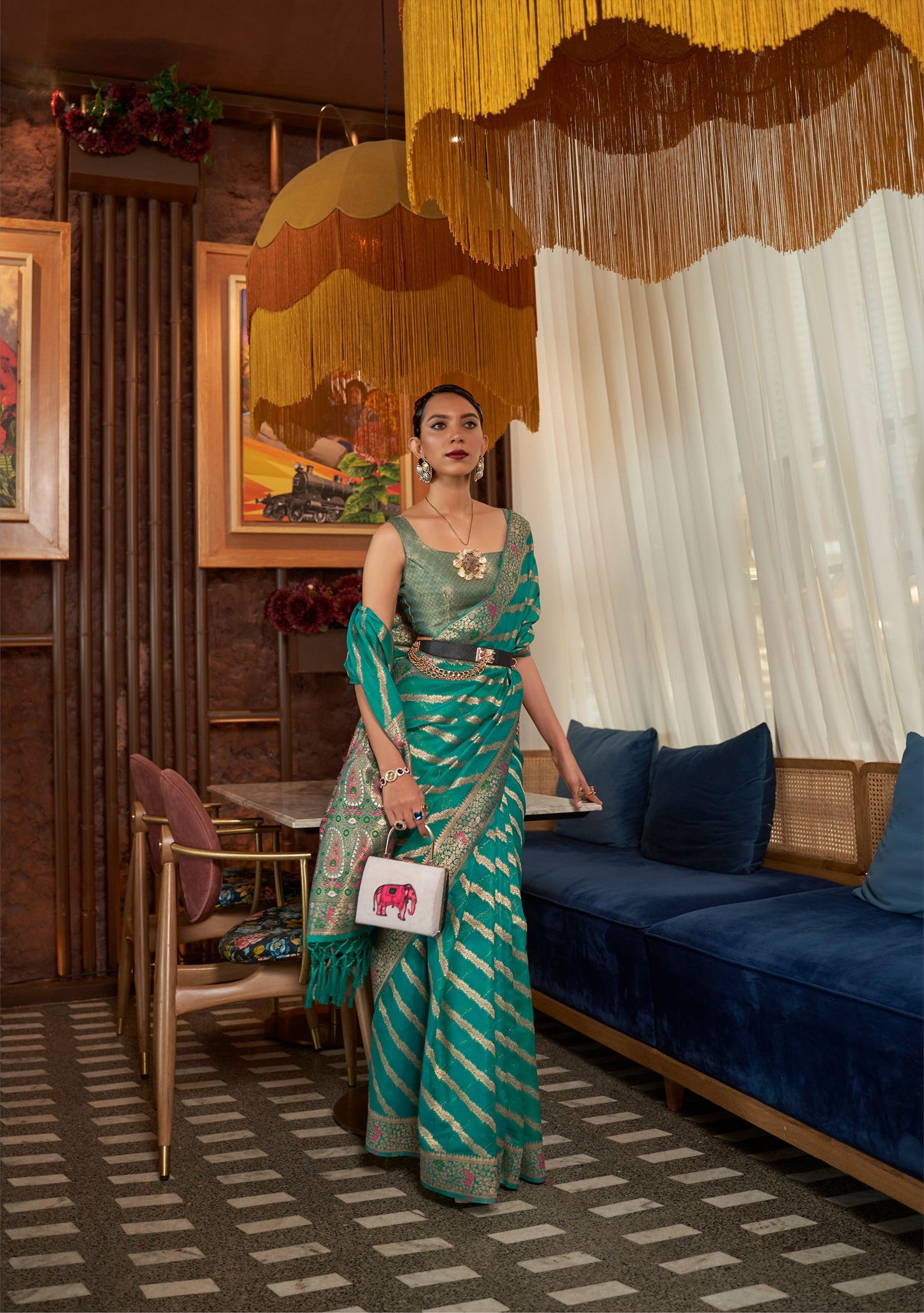 Green Kahana Organza Meenakari Saree