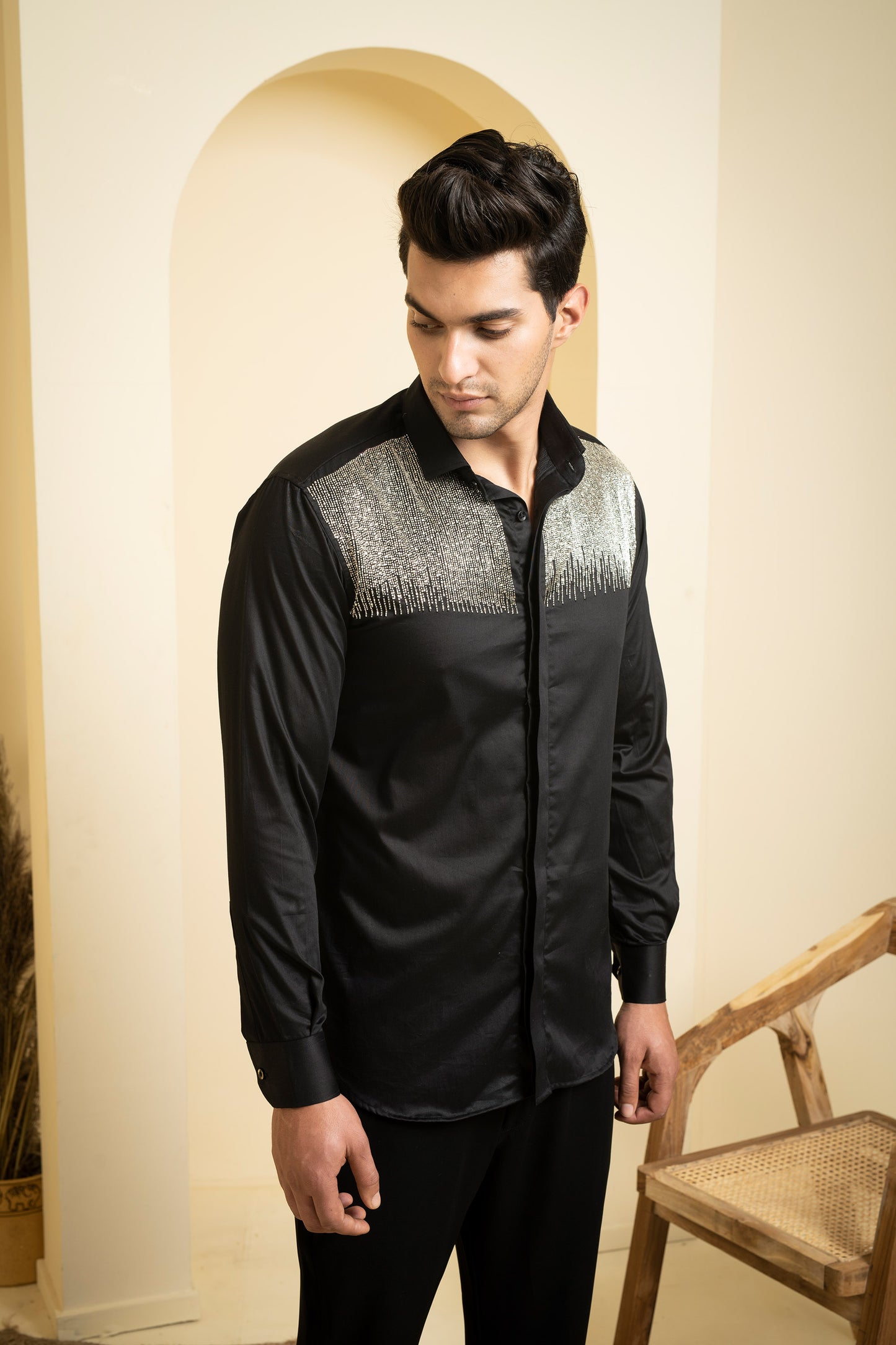 Black Giza Cotton Glare Sangeet Shirt