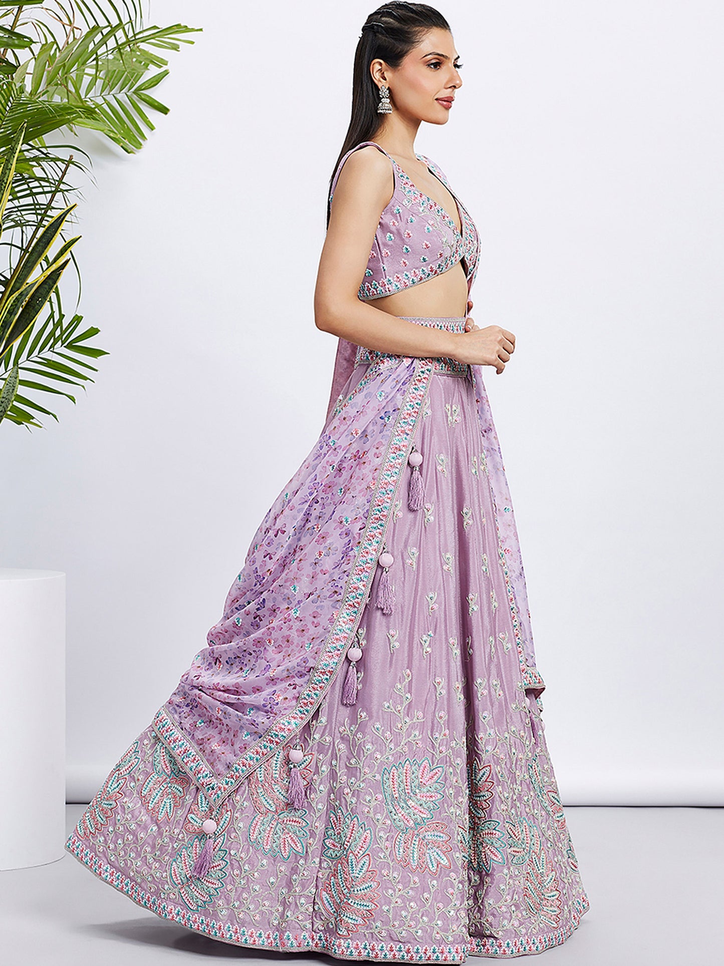 Lavender Pure Chiffon Sequins and thread embroidery Lehenga