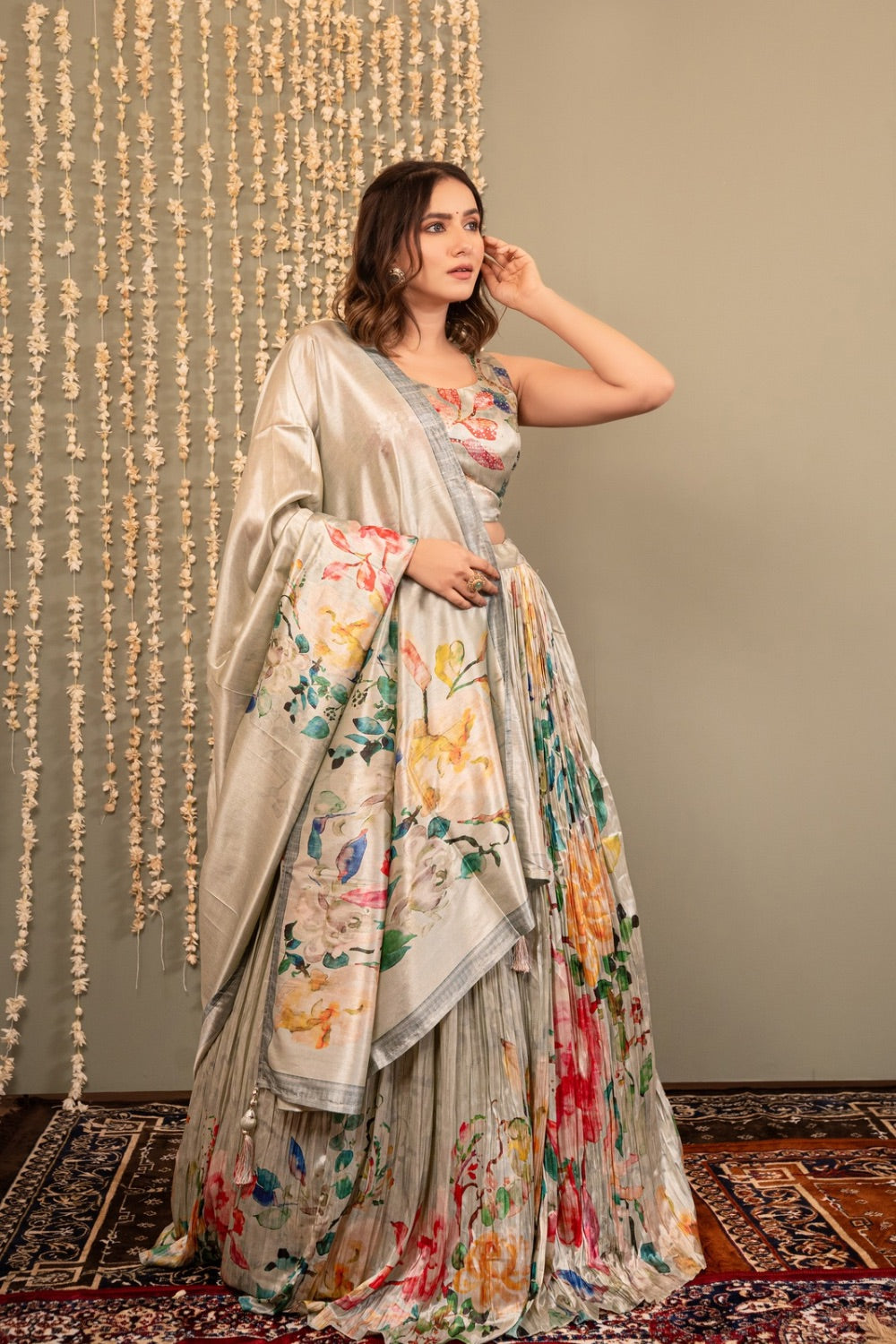 Beige crepe silk lehenga choli with printed work