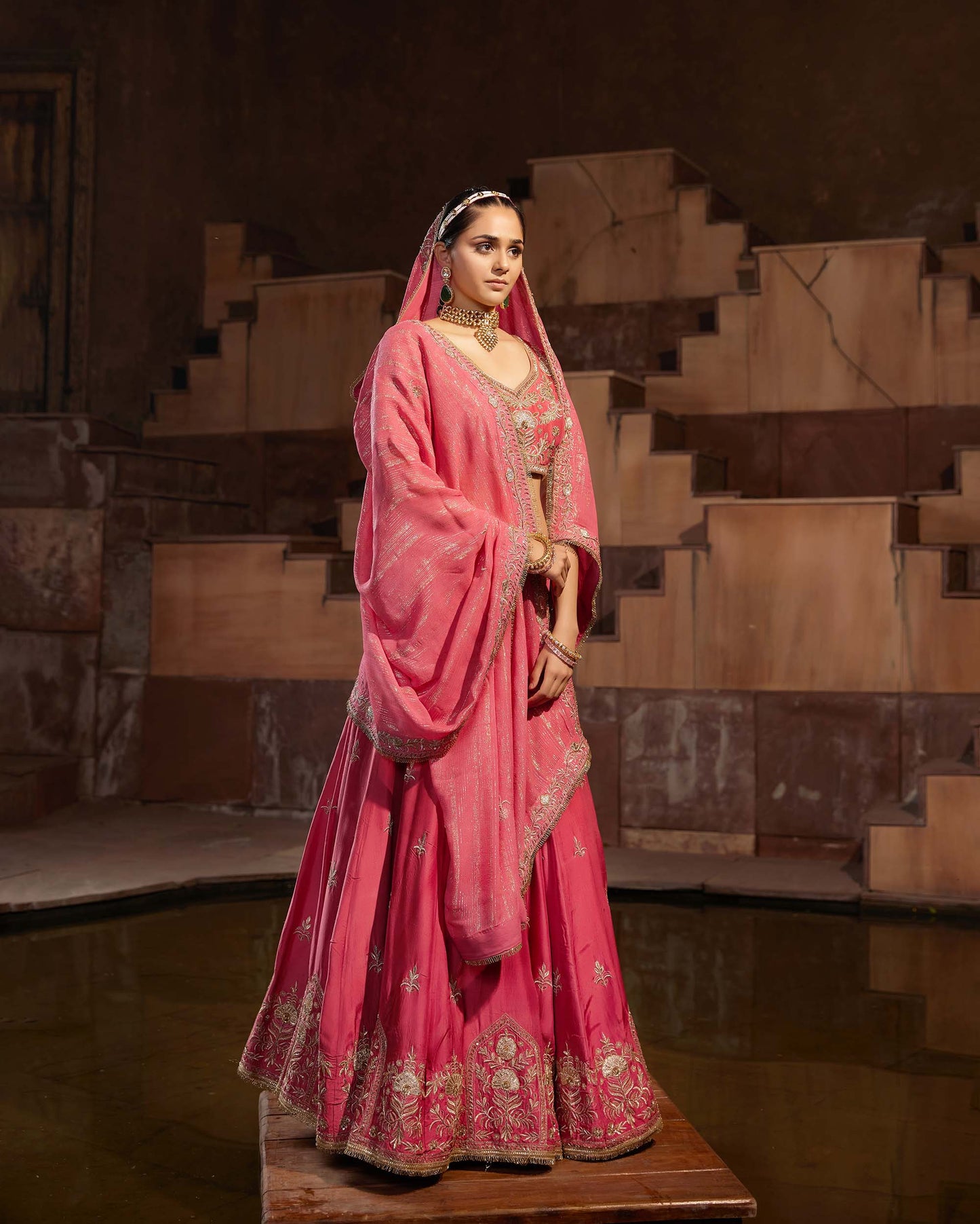 Mughal Red Raw Silk Embroidered Sangeet Lehenga