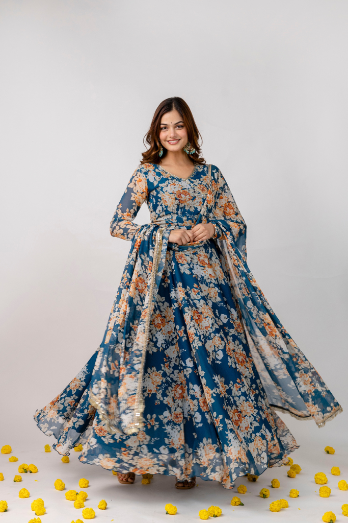 Neelima Blue Chiffon Floral Festive Lehenga Skirt