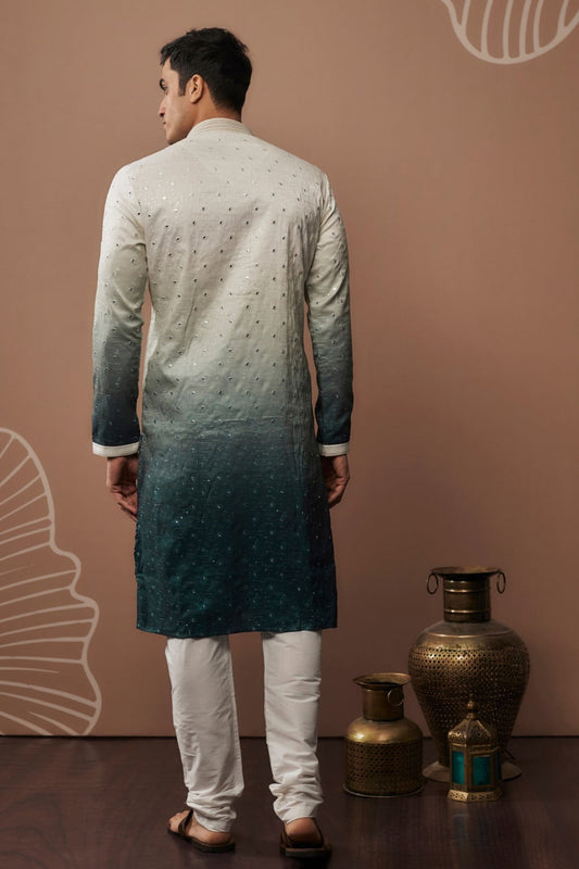 Blue shaded silk kurta and pajama with hand and machine work