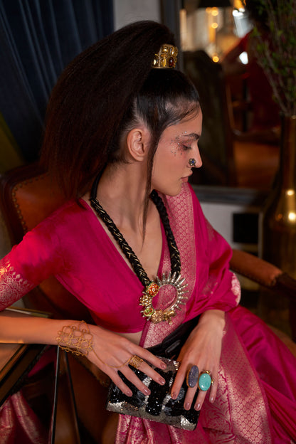 Rose Pink Korsa Georgette Pure Khadi Nylon saree