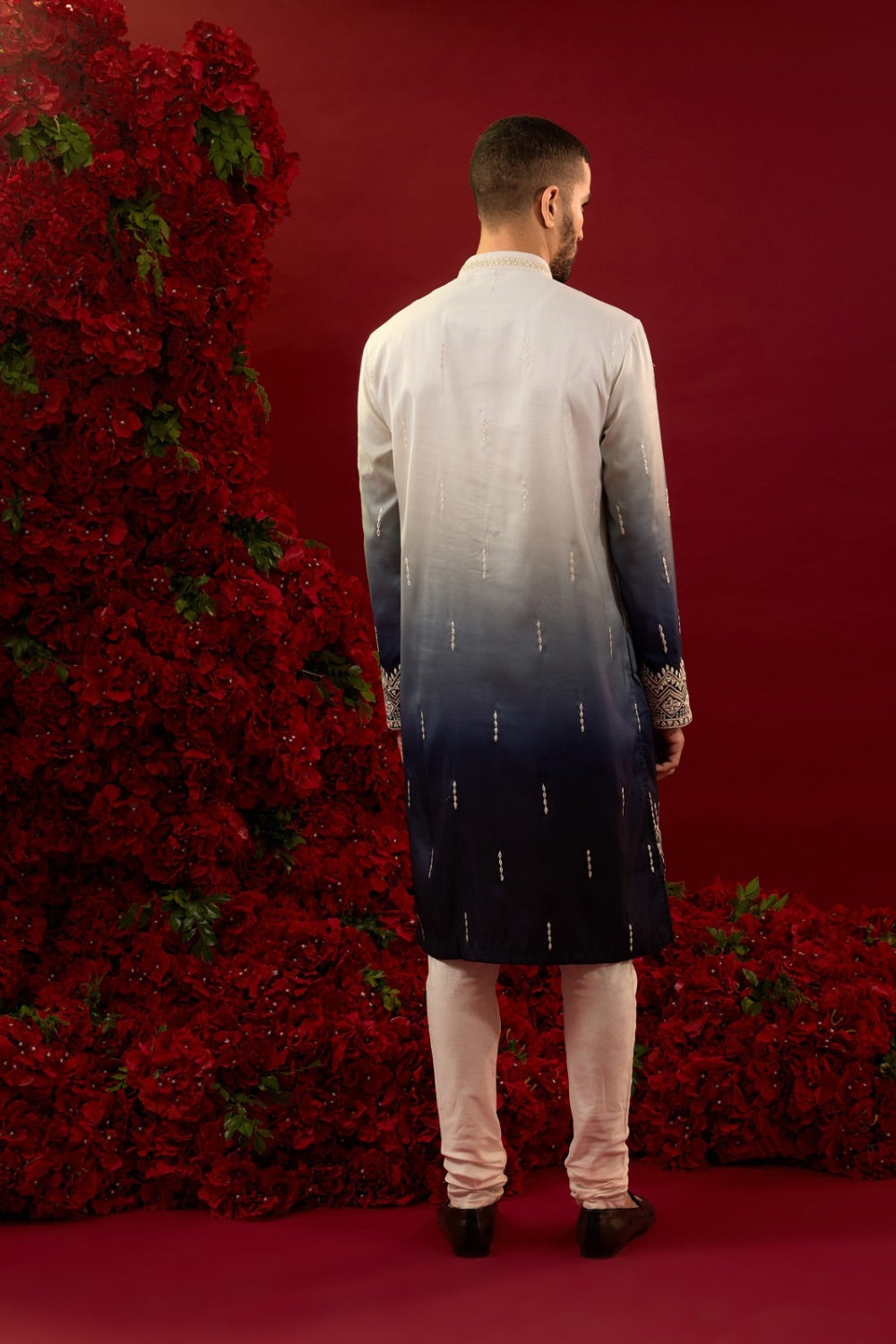 White and navy blue ombre silk kurta with machine work