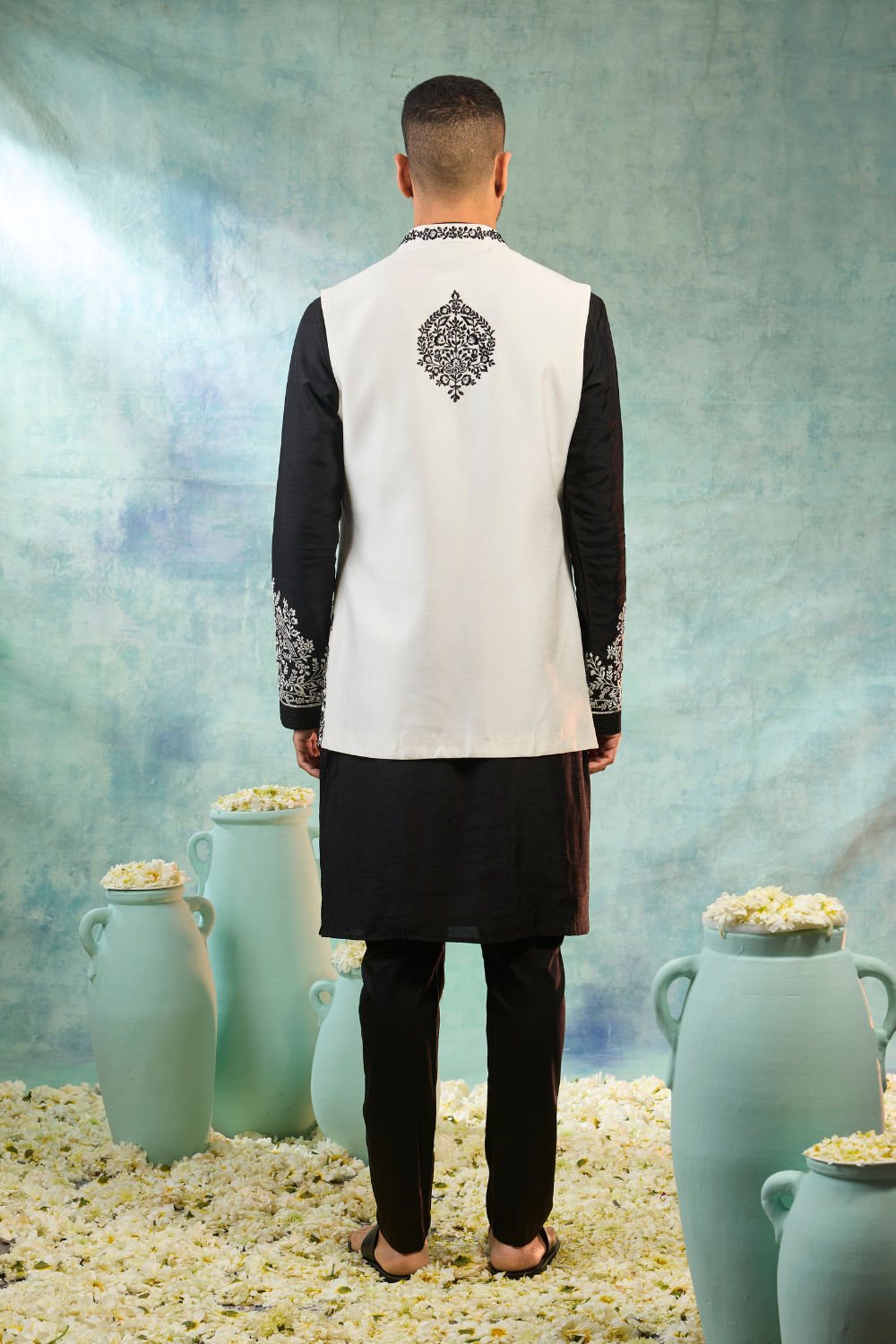 Black & white silk koti set with thread and mirror work