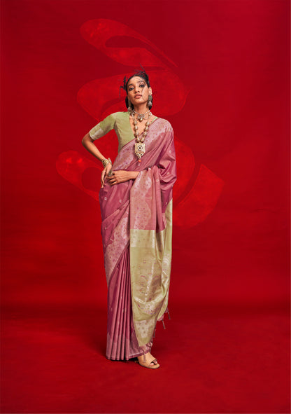 Pink Kontessa Tussar Silk Handloom Saree with ikkat Pallu