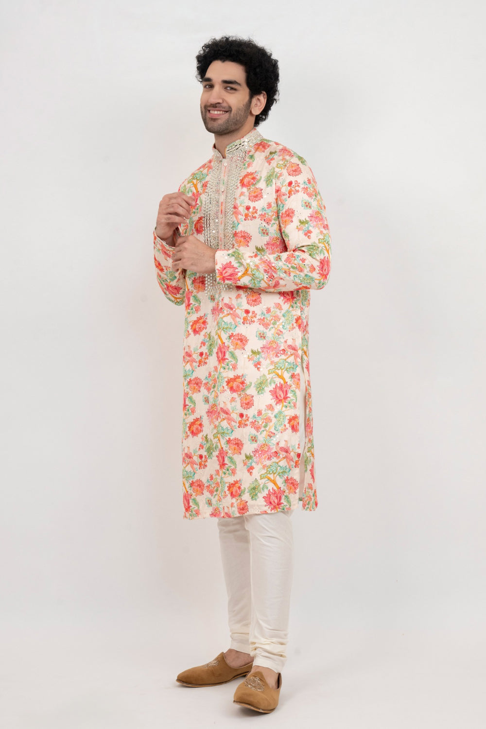 Multicolour resham embroidered satin linen kurta set with with kasab and mirror work