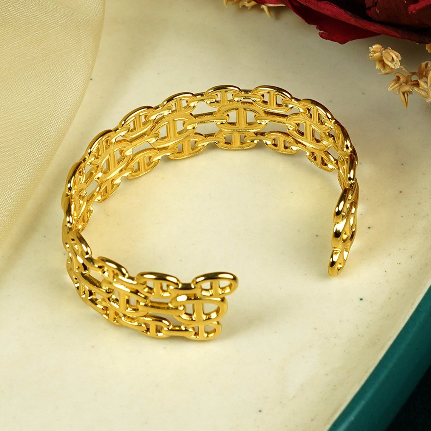 Zevar Club Gold Tone Stainless Steel Tarnish Free Waterproof Chain-Link Cuff Bracelet for Women