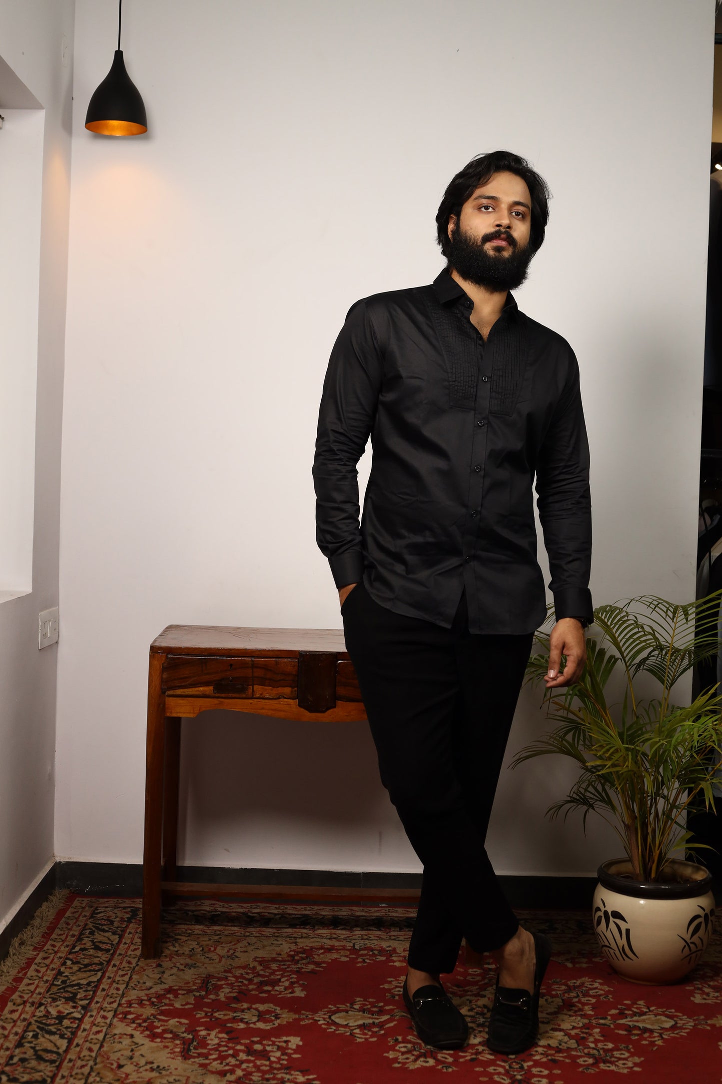 Black Giza Cotton Black Pintuck Shirt